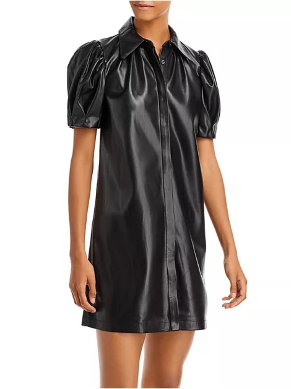 Alice + Olivia Jem Vegan Leather Mini Dress Black Puff Sleeve Shift XL